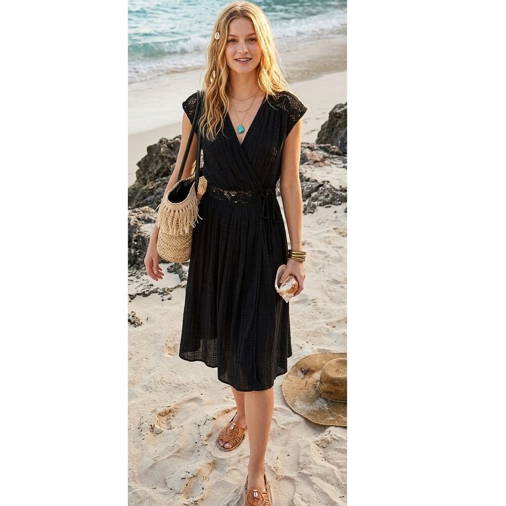 O'Neill Black Midi Wrap Dress with Lace Detail